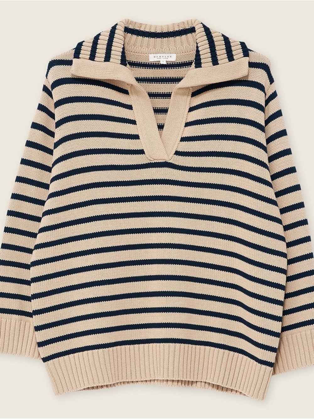 Demylee Leigh Striped Polo Collar Sweater in Beige and Black